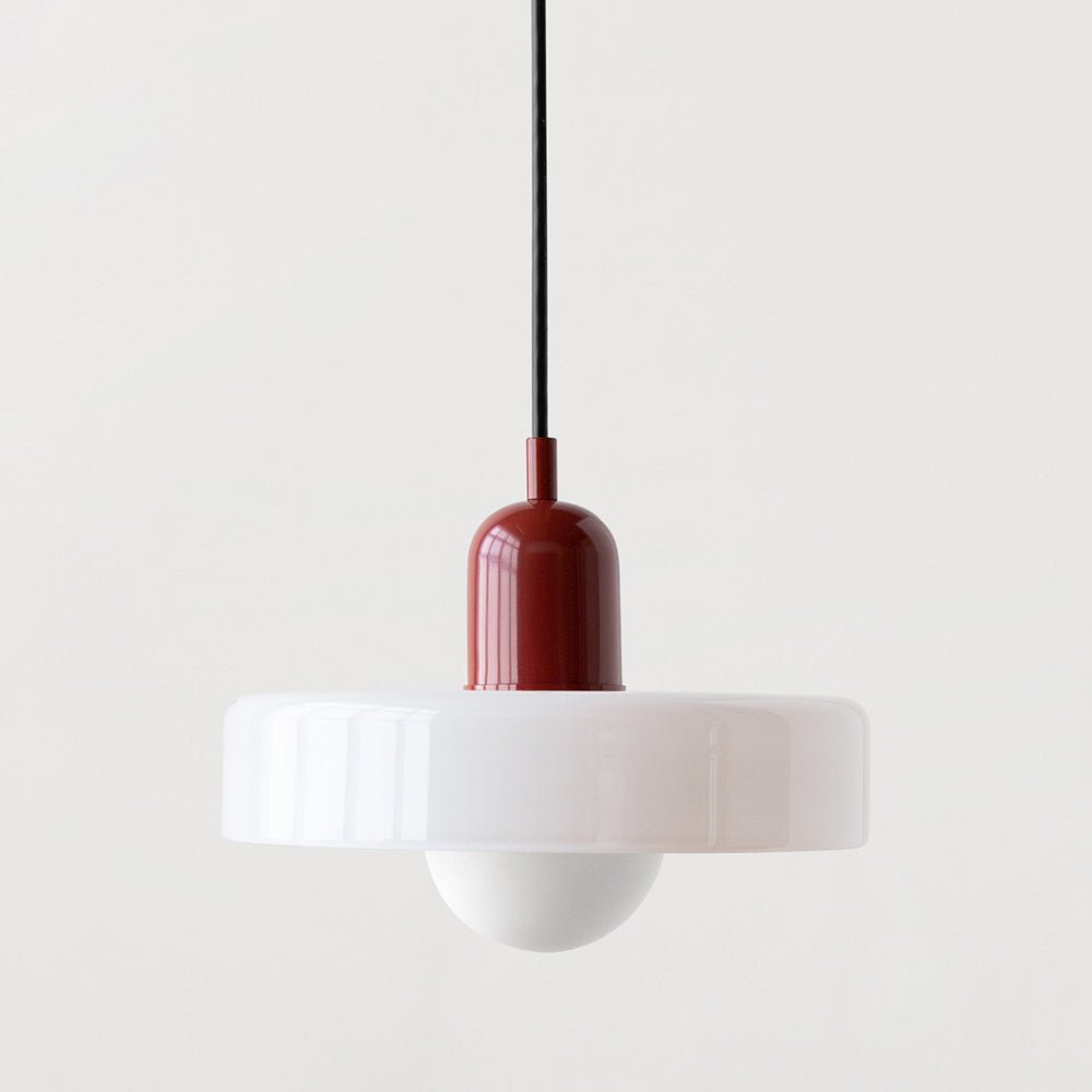 Colored glass pendant light featuring a Bauhaus design, perfect for modern indoor spaces, showcasing vibrant colors and a stylish hanging lamp silhouette. 0